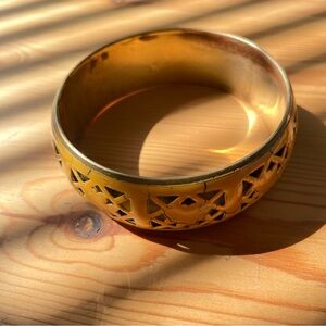 Vintage Metal Enameled Bangle Bracelet Gold + Dark Yellow Rustic 1 Inch